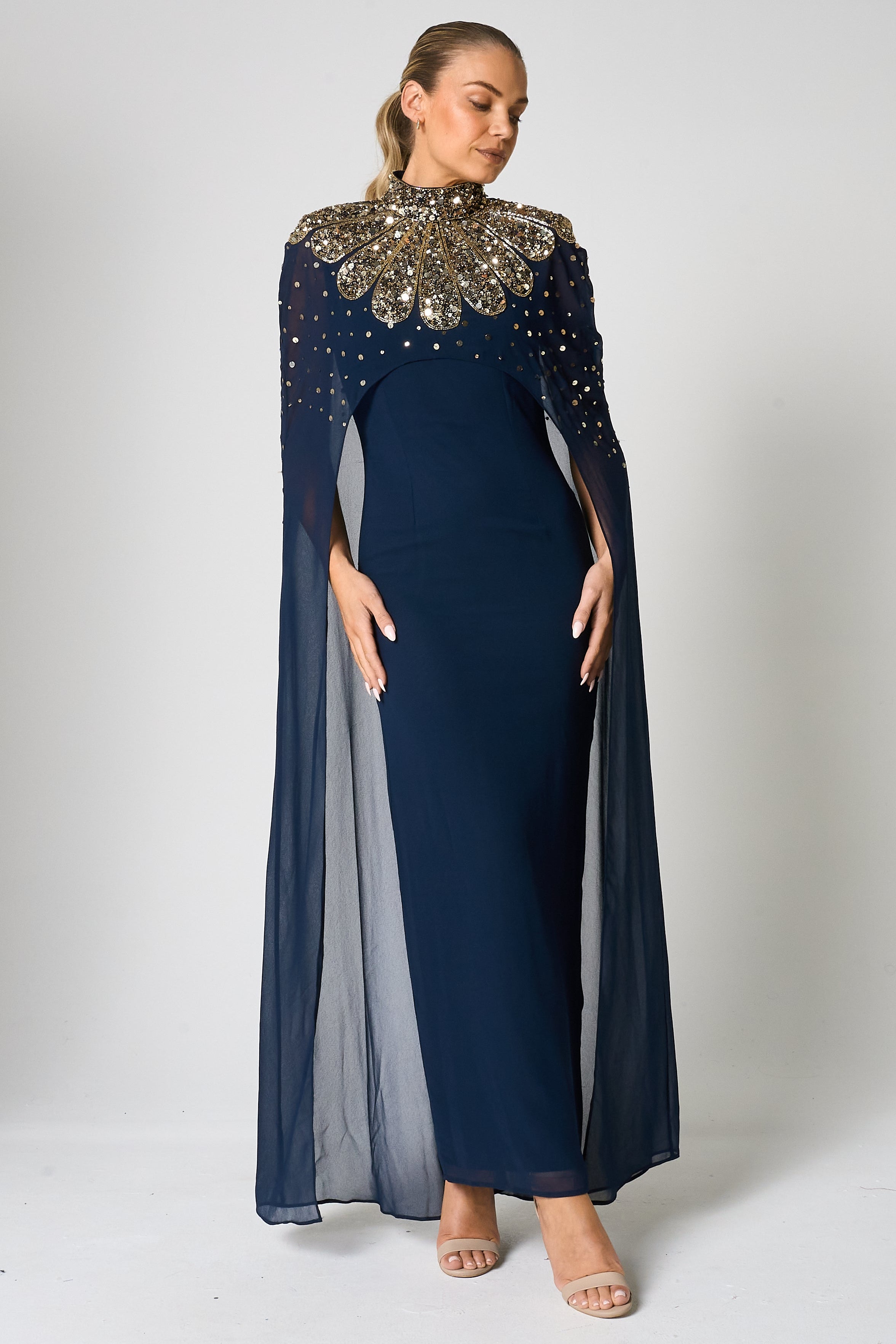 Zadie Navy Gold Embellished Cape Maxi Dress Frock and Frill Zadie Navy Gold Embellished Cape Maxi Dress Frock and Frill