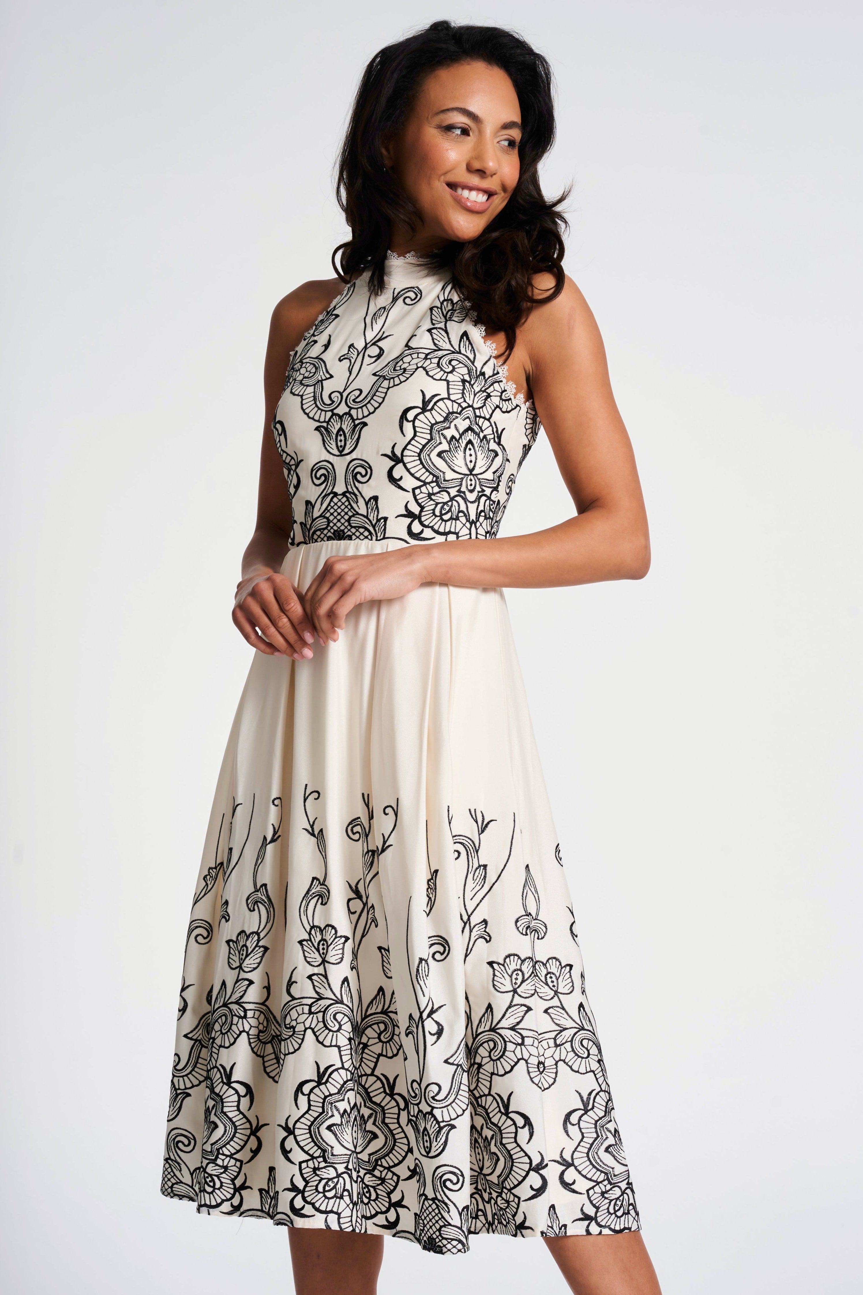 Zalie Off White Embroidered Halter Neck Midi Dress – Frock and Frill