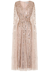 Zillah Nude Gold Embellished Cape Sleeve Maxi Dress