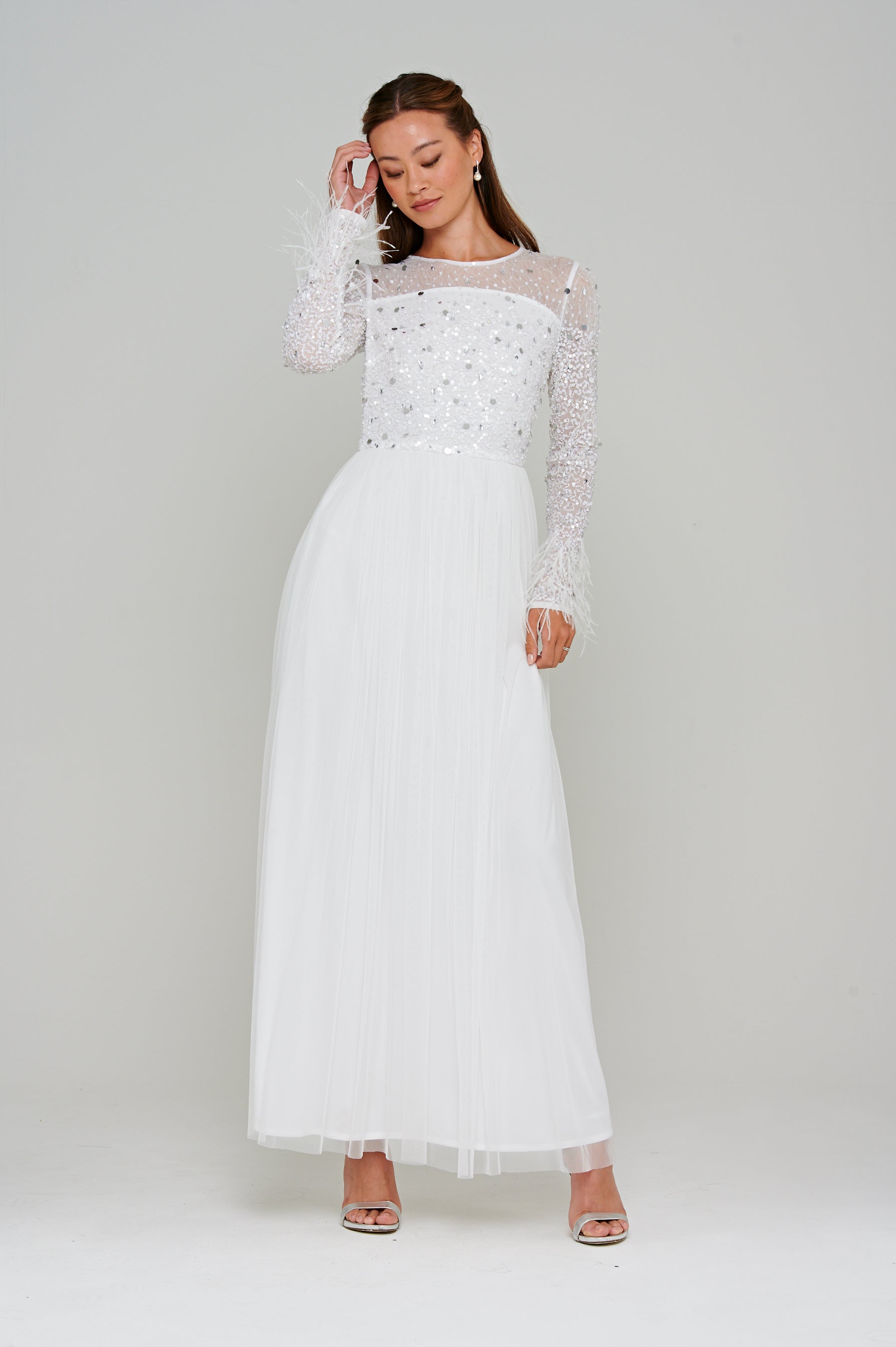 Eva White Embellished Maxi Dress with Feather Trim Frock and Frill Eva White Embellished Maxi Dress with Feather Trim Frock and Frill