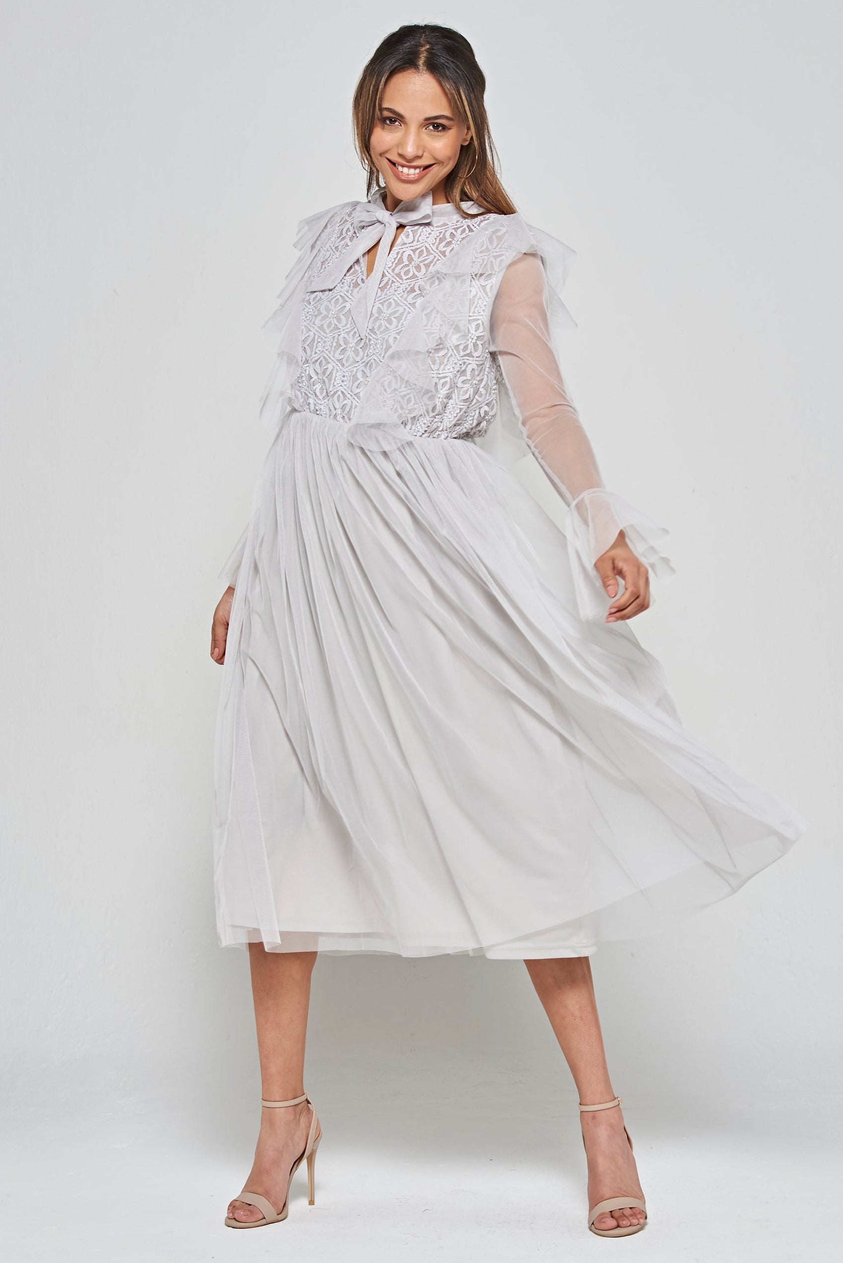Lark Grey Ruffle and Lace Pussybow Midi Dress Frock and Frill Lark Grey Ruffle and Lace Pussybow Midi Dress Frock and Frill