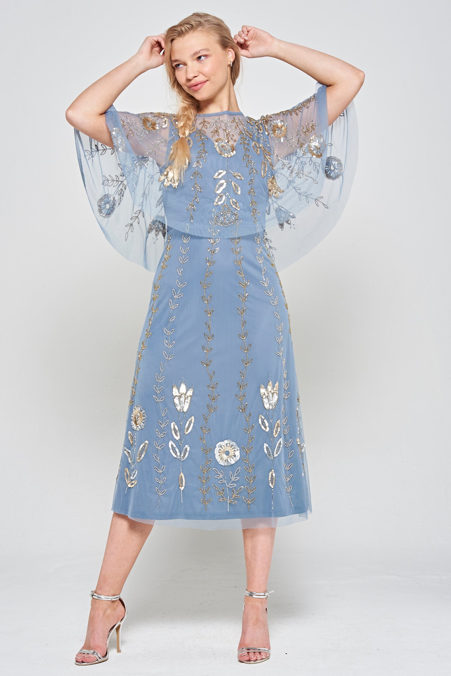 Orinda Embellished Midi Dress with Cape