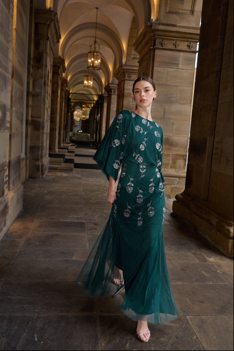 Naida Rainforest Green Embellished Maxi Dress