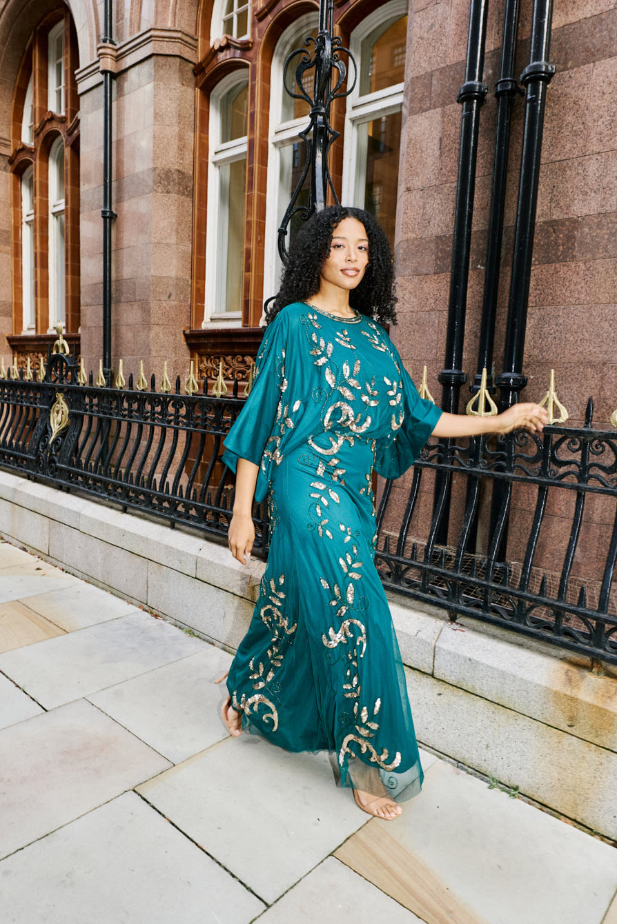 Ambretta Green Leaf Embellished Maxi Dress with Batwing Sleeves Frock and Frill Ambretta Green Leaf Embellished Maxi Dress with Batwing Sleeves Frock and Frill