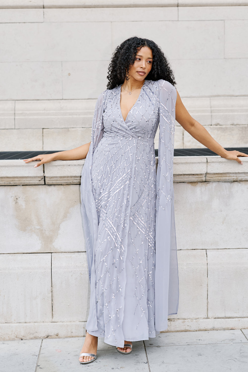 grey cape dress Devora | Silver Sequin Crew-Neck Maxi Dress With Cape Sleeves