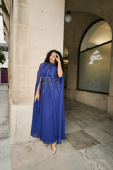 Kaya Navy Embellished Cape Sleeve Maxi Dresses 