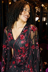 Zola Black Floral Embellished Cape Maxi Dress