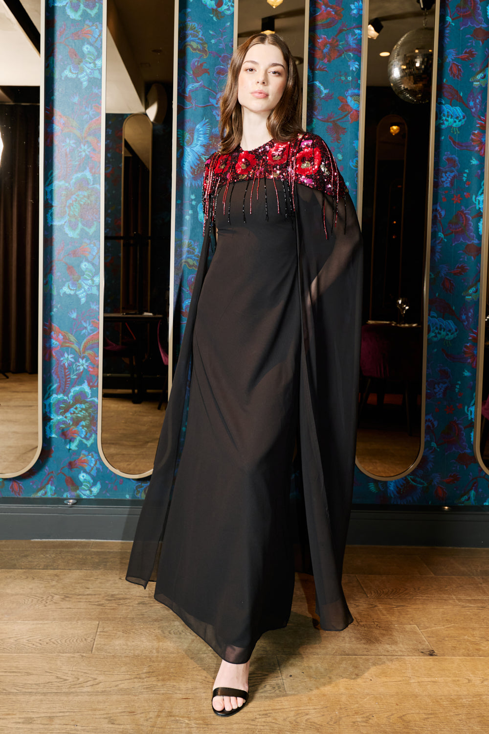 Keira Black Floral Embellished Cape Sleeve Maxi Dress