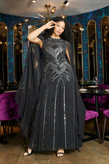 Verna Black Embellished Cape Sleeve Maxi Dress