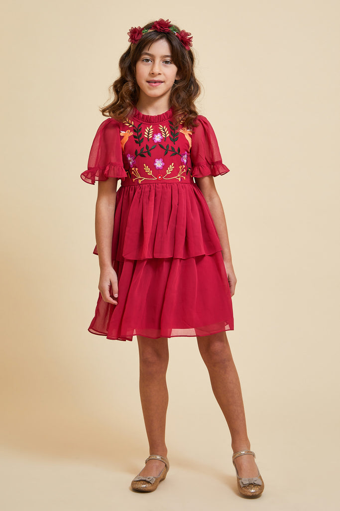 Fawn Burgundy Woodland Embroidered Dress