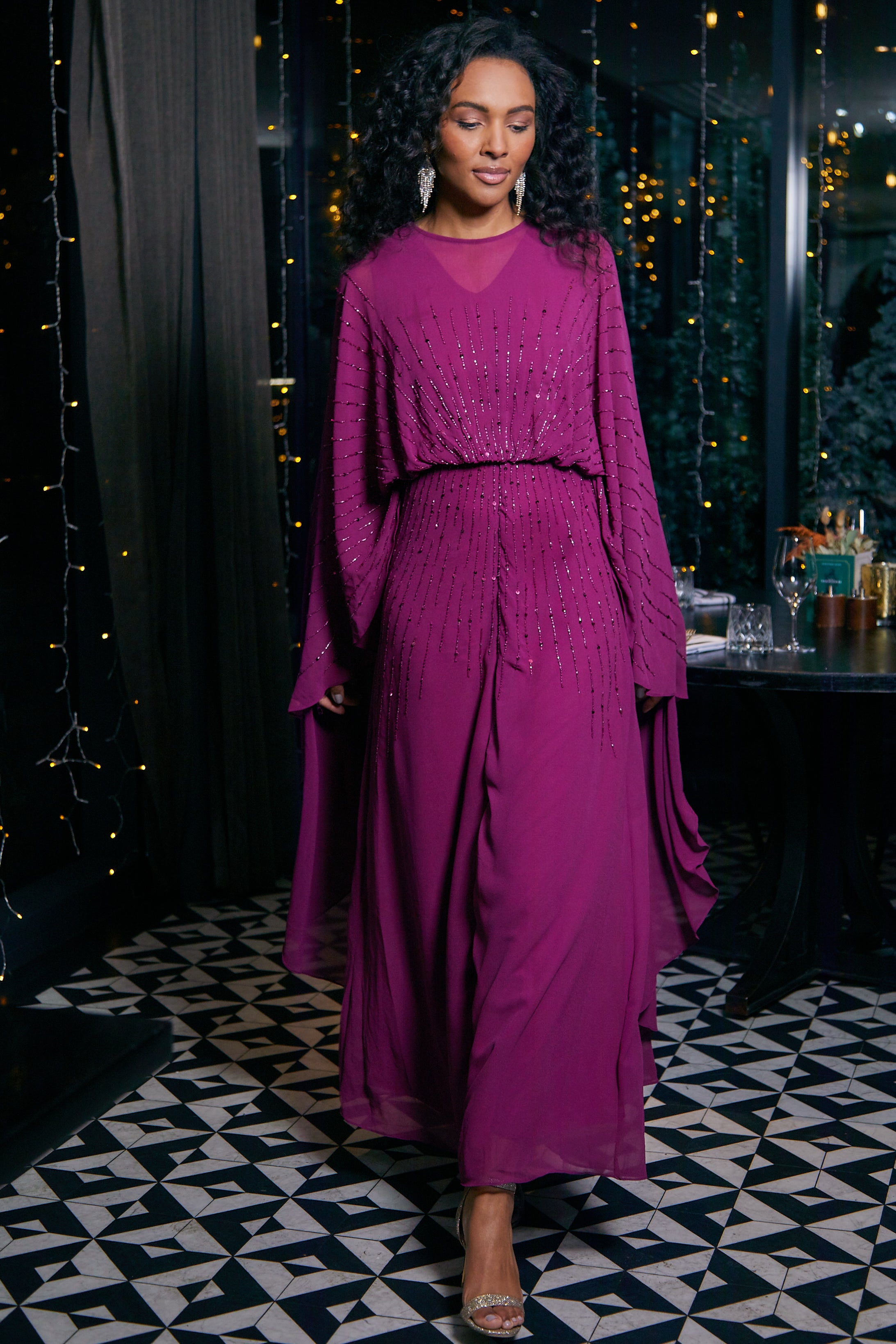 boysenberry bridesmaid dress Ada Boysenberry Embellished Cape Sleeve Maxi Dress Frock and Frill