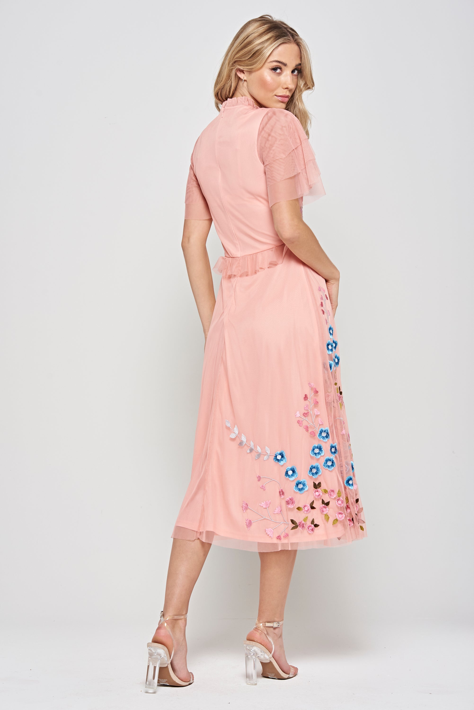 Adara Pink Floral Embroidered Midi Dress