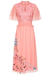 Adara Pink Floral Embroidered Midi Dress