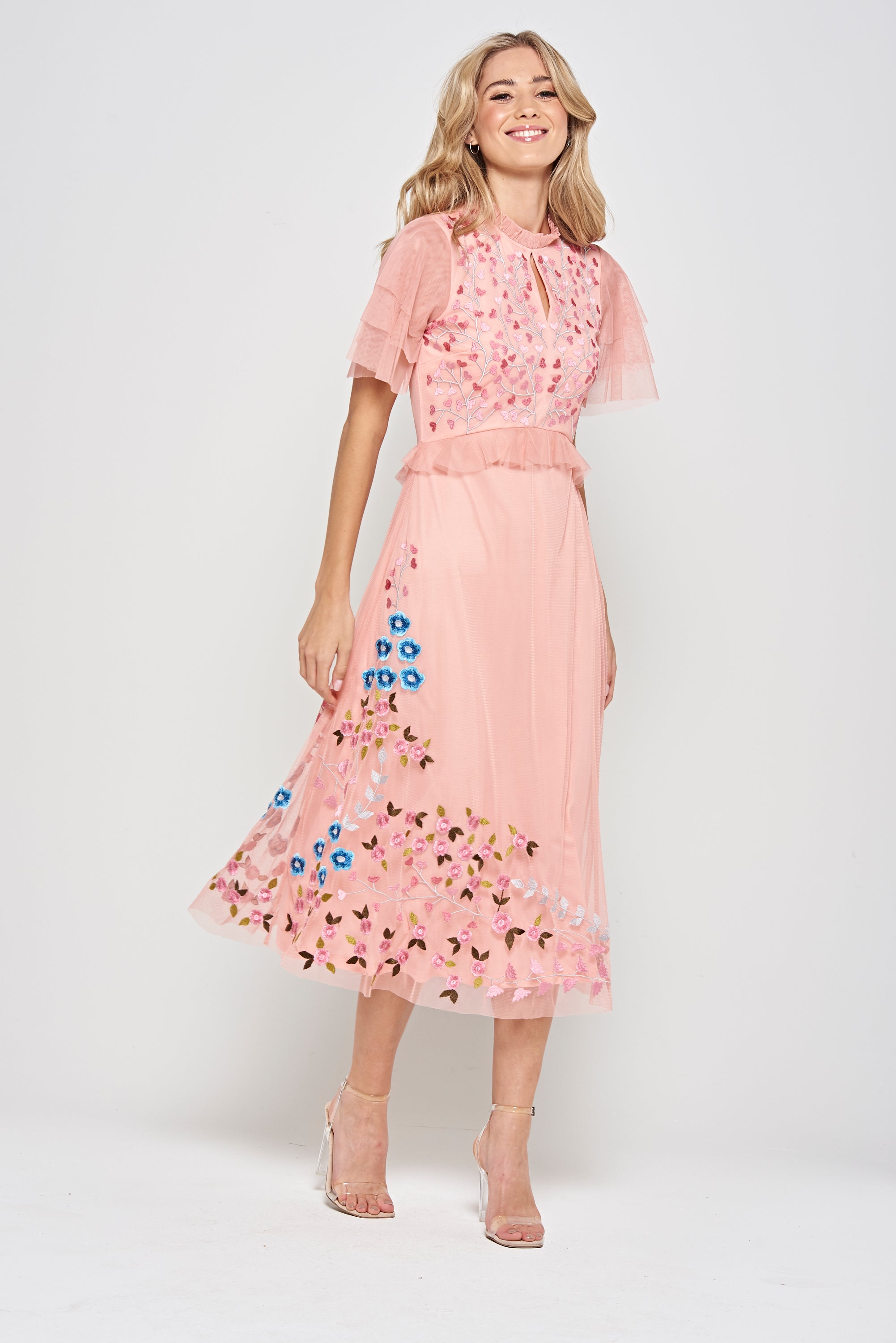 Adara Pink Floral Embroidered Midi Dress