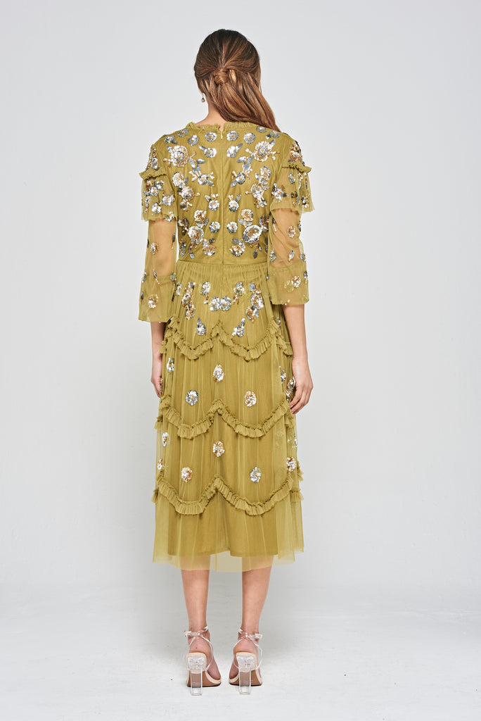 Adira Floral Sequin Ruffled Midi Dress - Willow Green