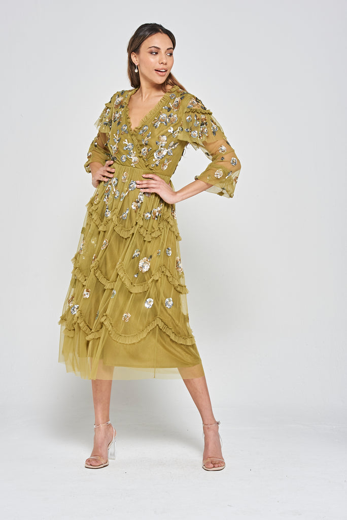 Adira Floral Sequin Ruffled Midi Dress - Willow Green