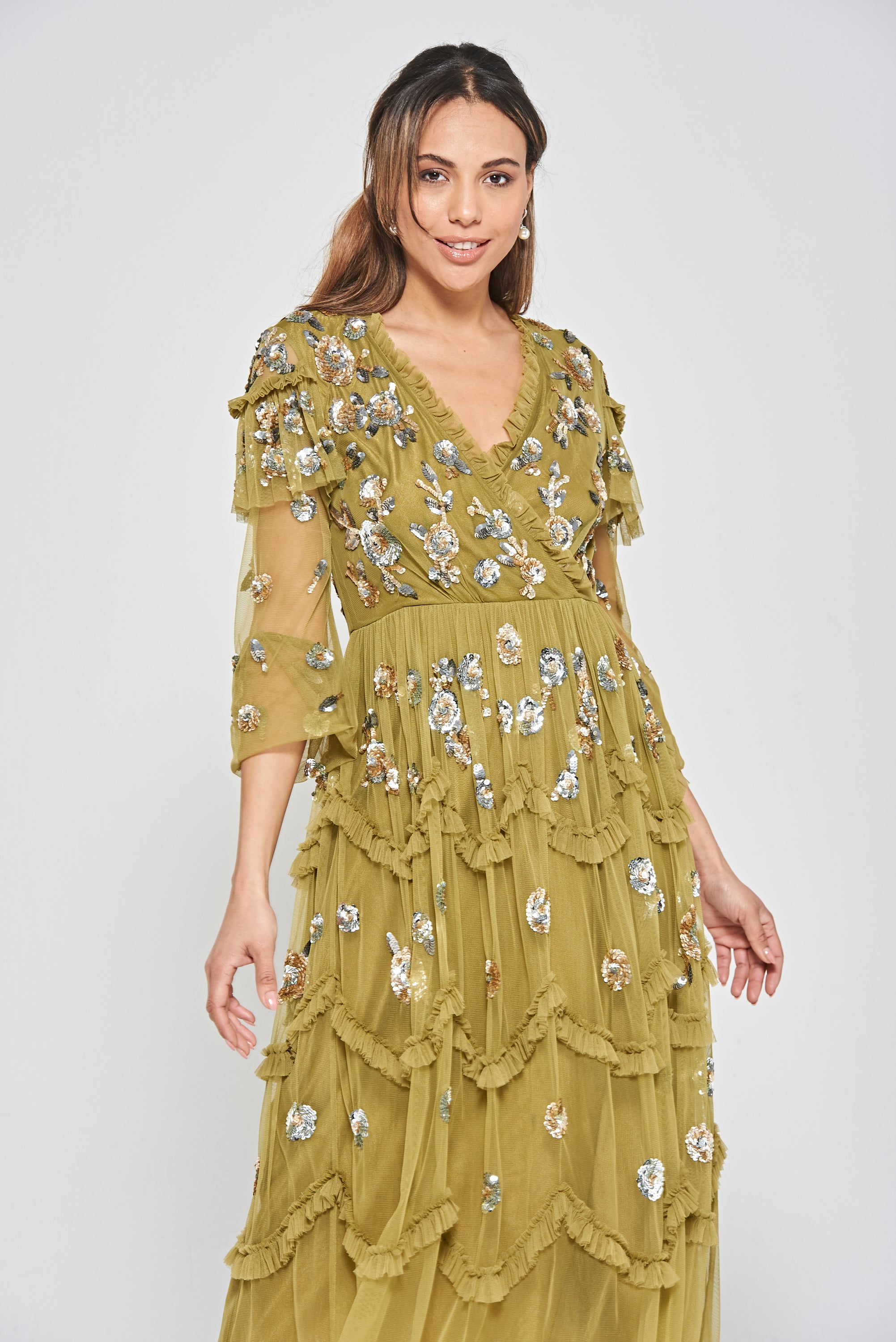 Adira Floral Sequin Ruffled Midi Dress - Willow Green