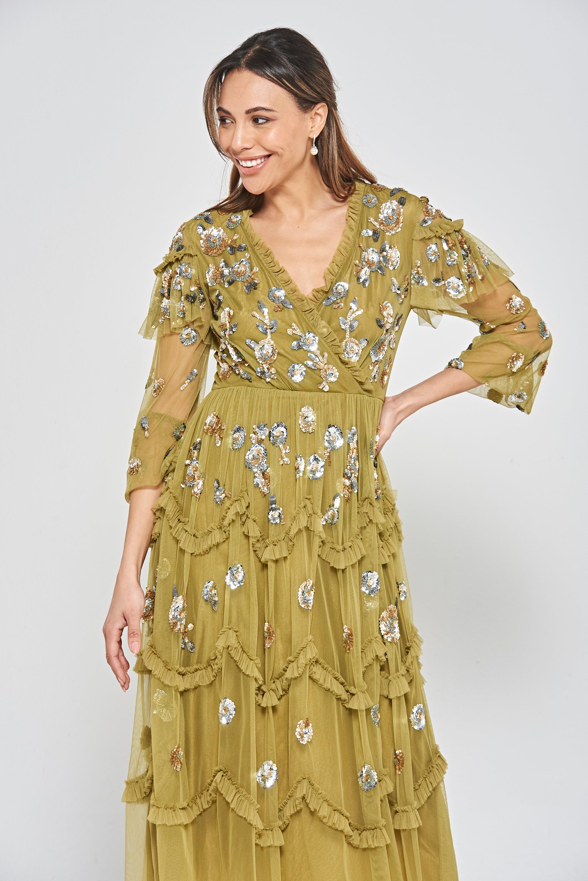 Adira Floral Sequin Ruffled Midi Dress - Willow Green