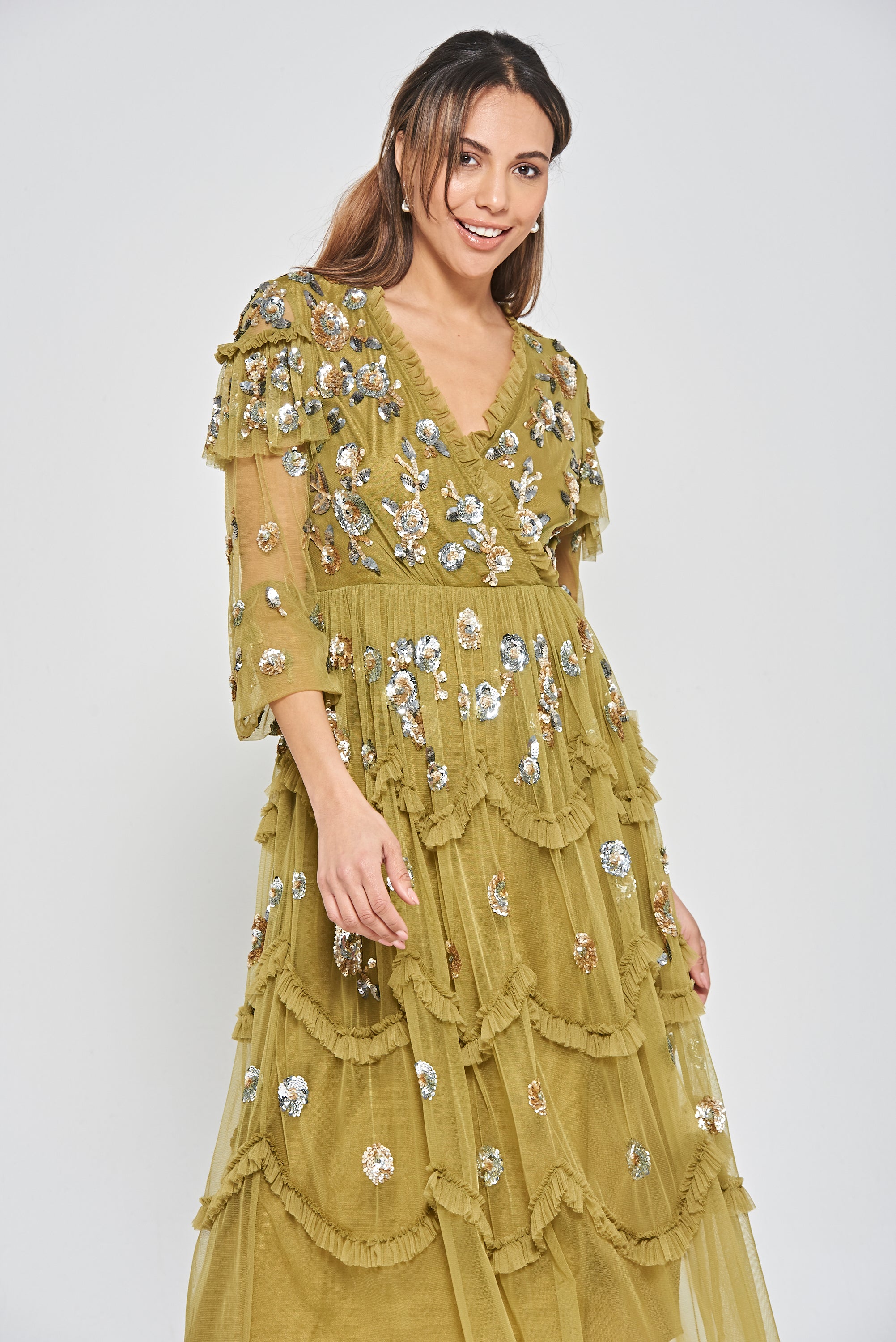 Adira Floral Sequin Ruffled Midi Dress - Willow Green