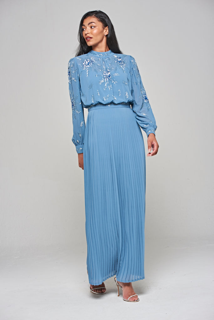 Adva Ether Embellished Maxi Dress with Pleated Skirt