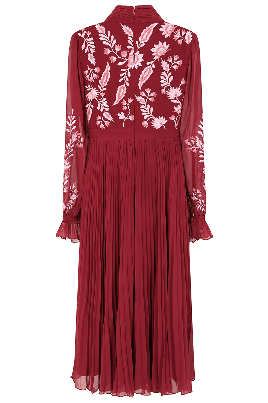 Agatha Burgundy Floral Embroidered Midi Dress