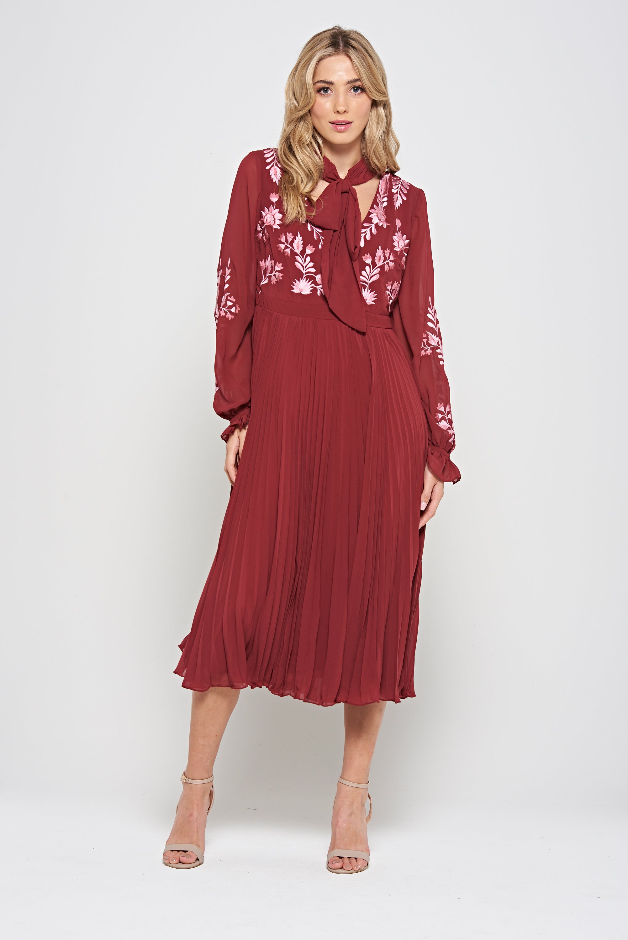 Agatha Burgundy Floral Embroidered Midi Dress