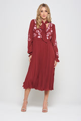 Agatha Burgundy Floral Embroidered Midi Dress