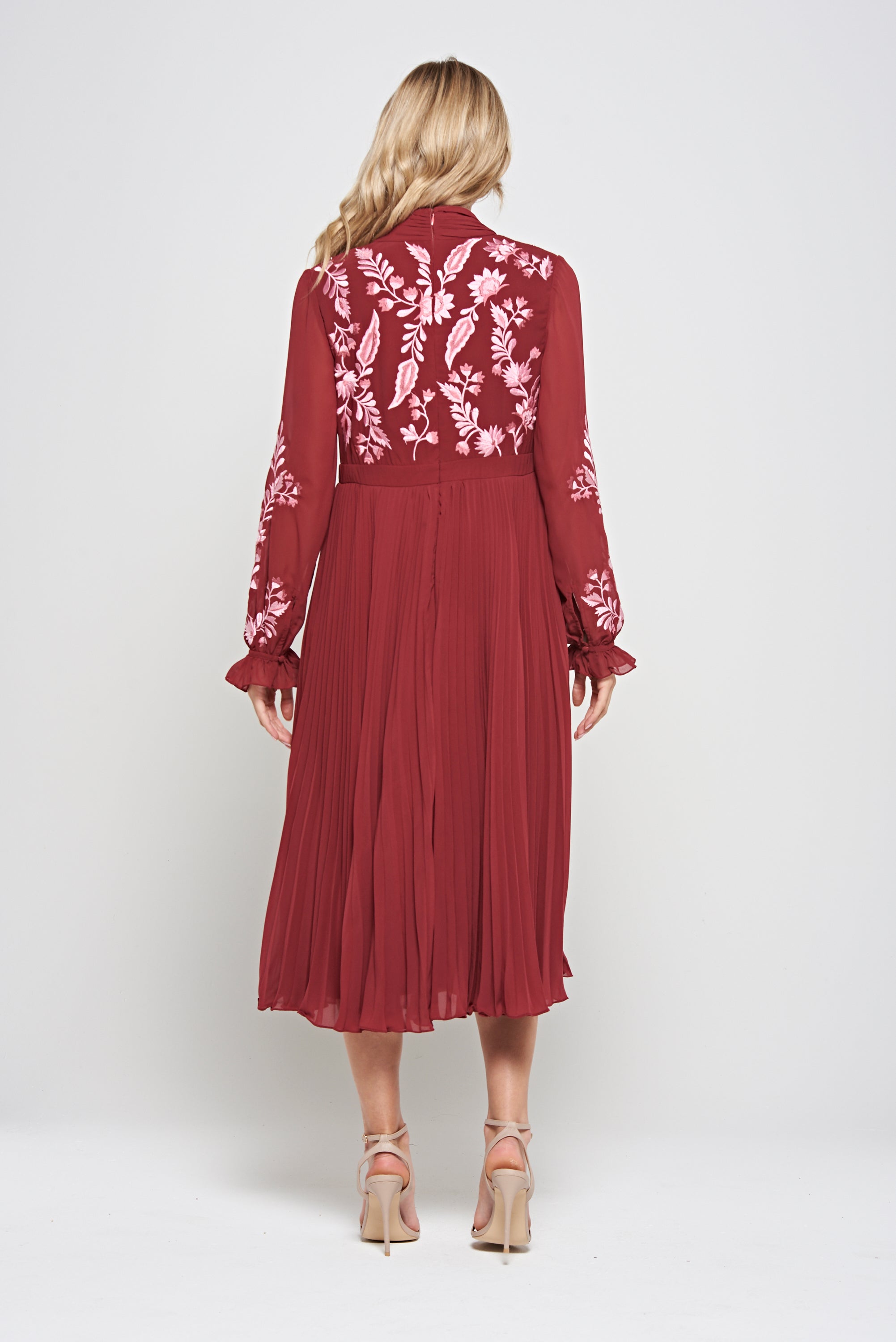 Agatha Burgundy Floral Embroidered Midi Dress