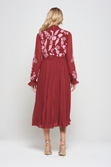 Agatha Burgundy Floral Embroidered Midi Dress