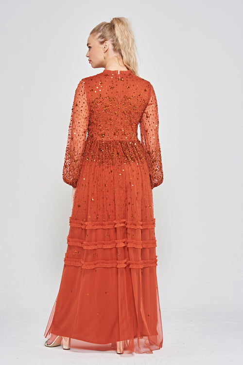 long sleeve copper dress Agnes Sequin Maxi – Frock and Frill She is wearing a Collection: WEDDING GUEST/RACES Size:8 US / 38 EU Kim - ⭐️ GIVEAWAY⭐️