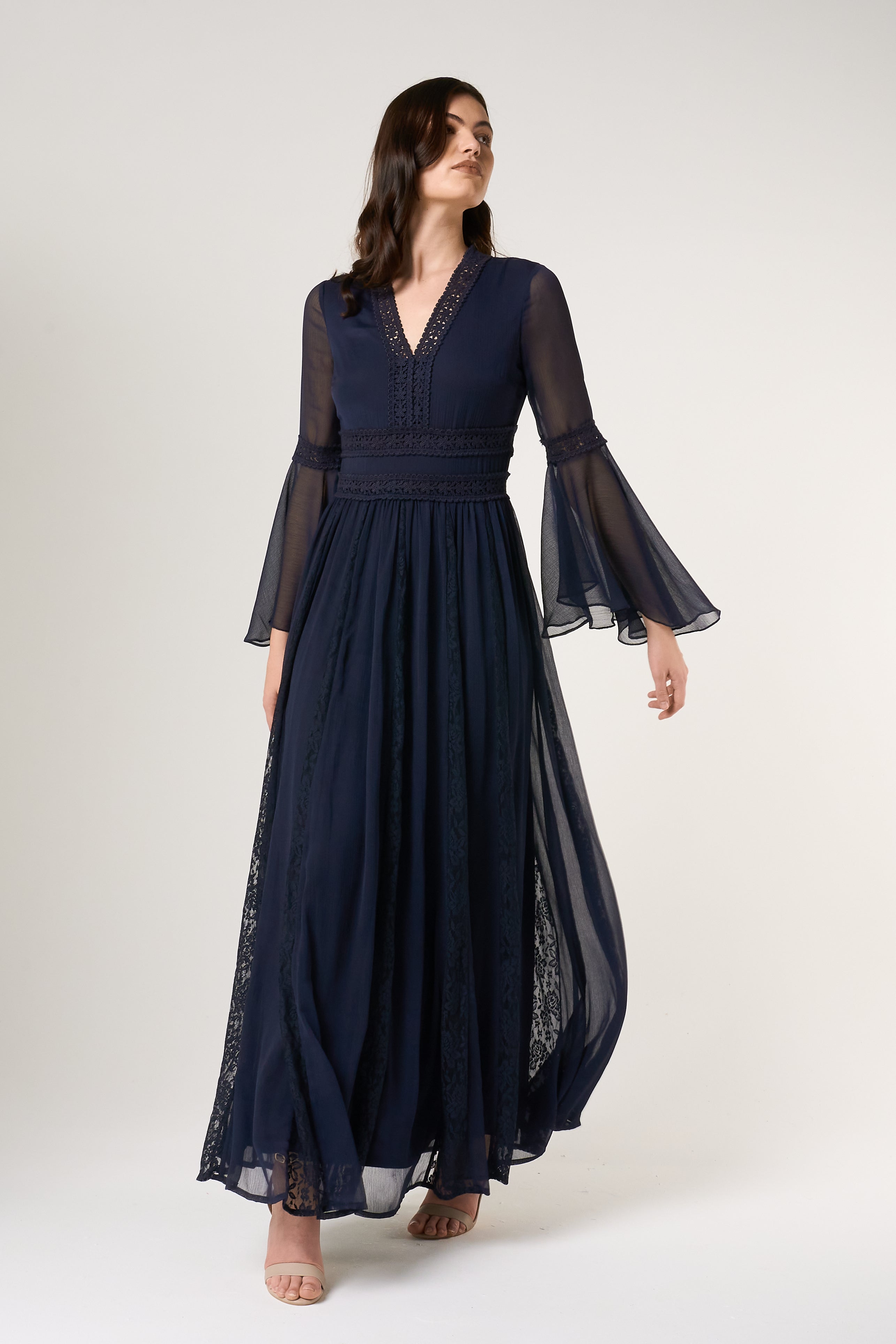 Aiden Navy Maxi Dress with Lace Panels