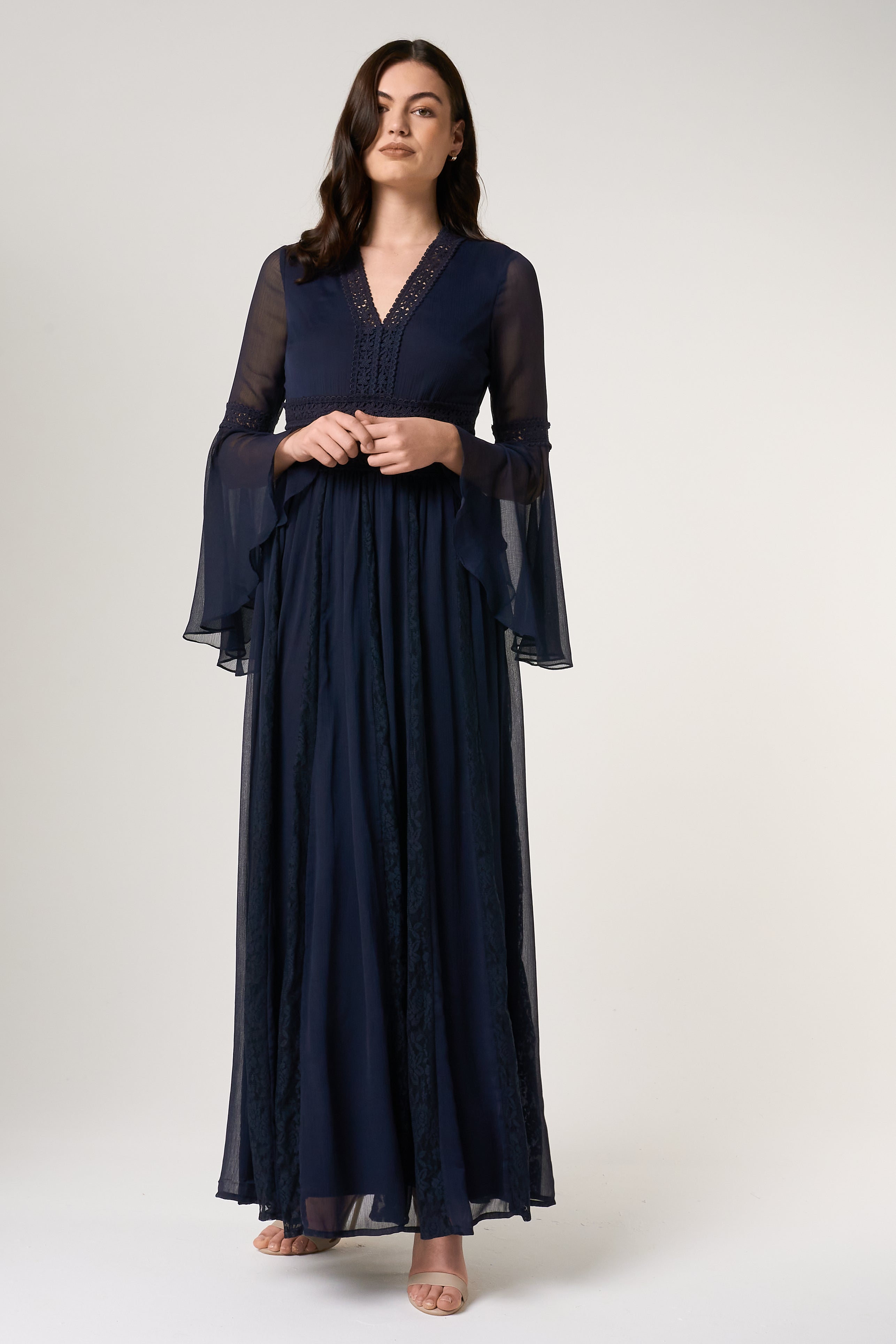 Aiden Navy Maxi Dress with Lace Panels