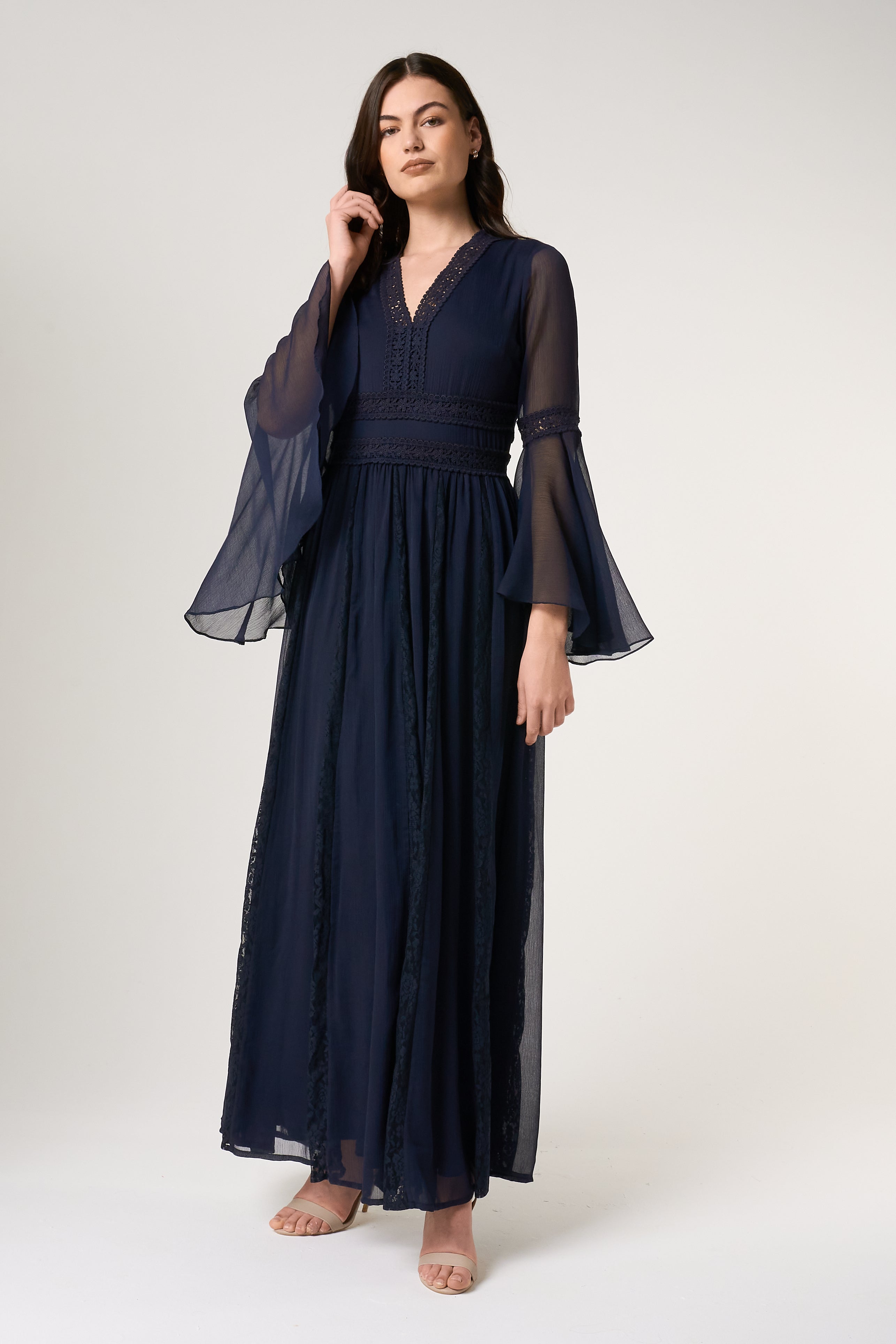 Aiden Navy Maxi Dress with Lace Panels