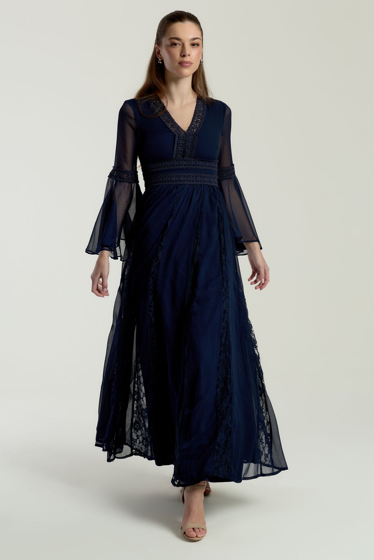 Aiden Navy Maxi Dress with Lace Panels