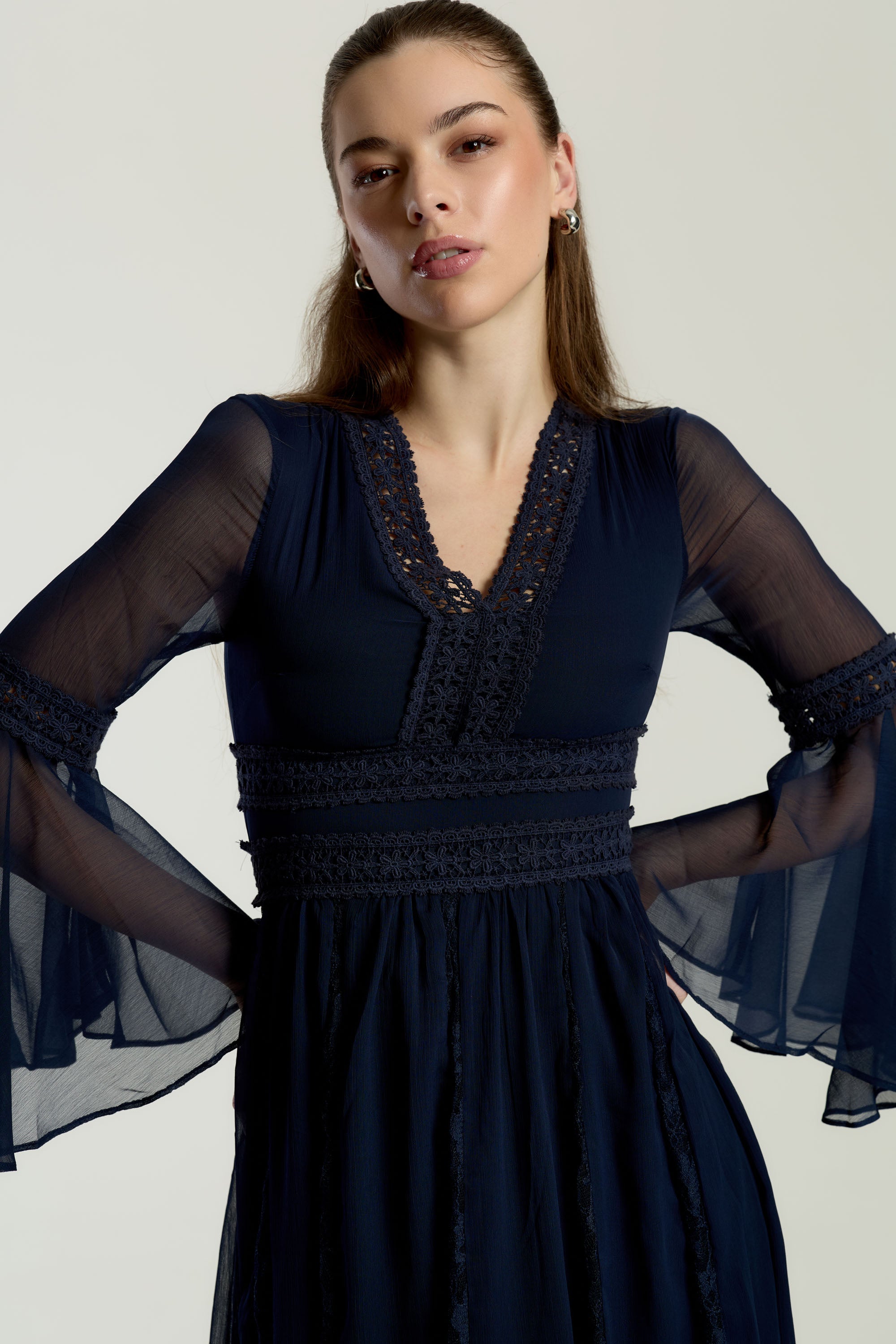 Aiden Navy Maxi Dress with Lace Panels