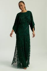 Aiya Rainforest Green Embellished Maxi Dress with Batwing Sleeves