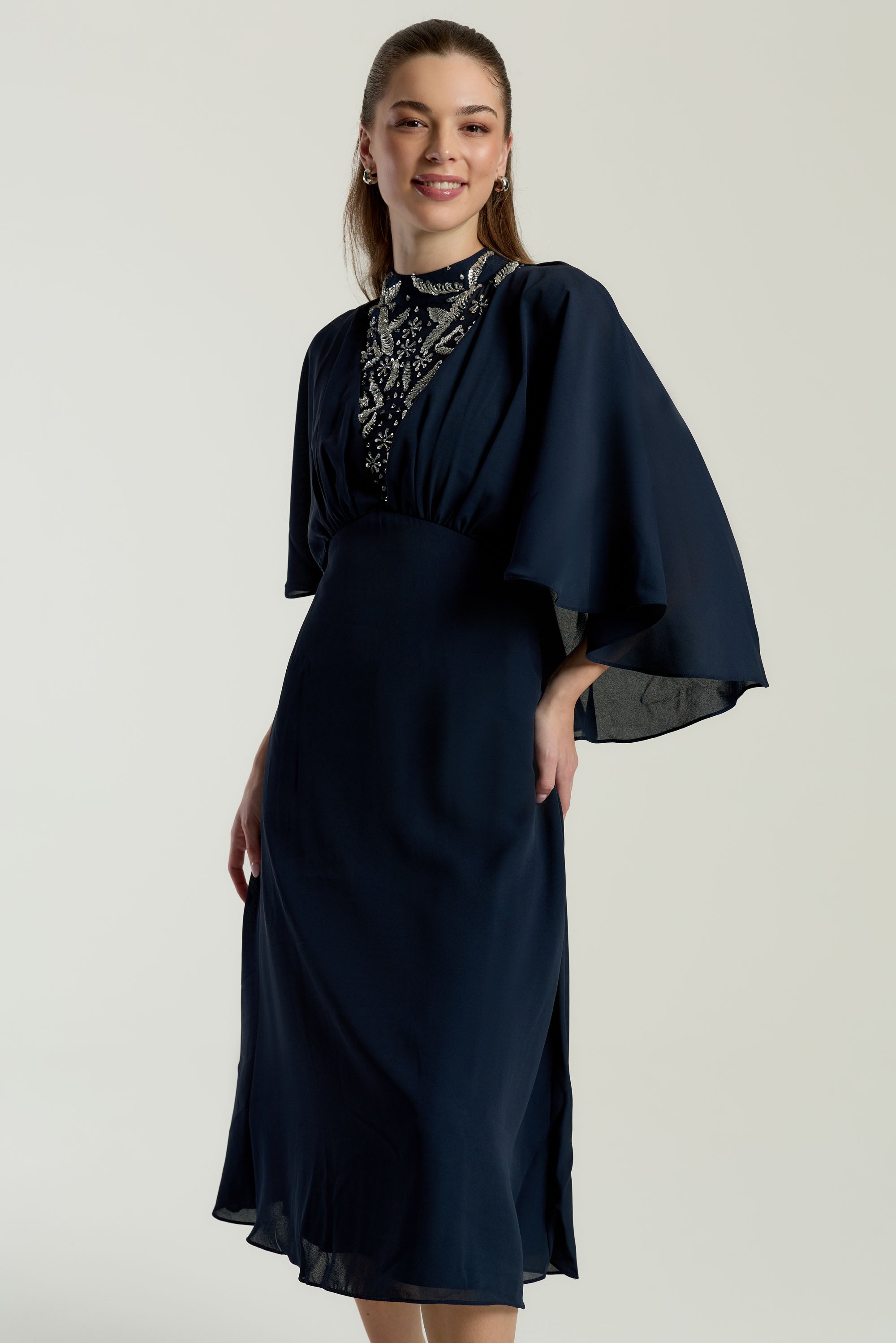 Alani Navy Embellished Cape Sleeve Midi Dress – Frock and Frill