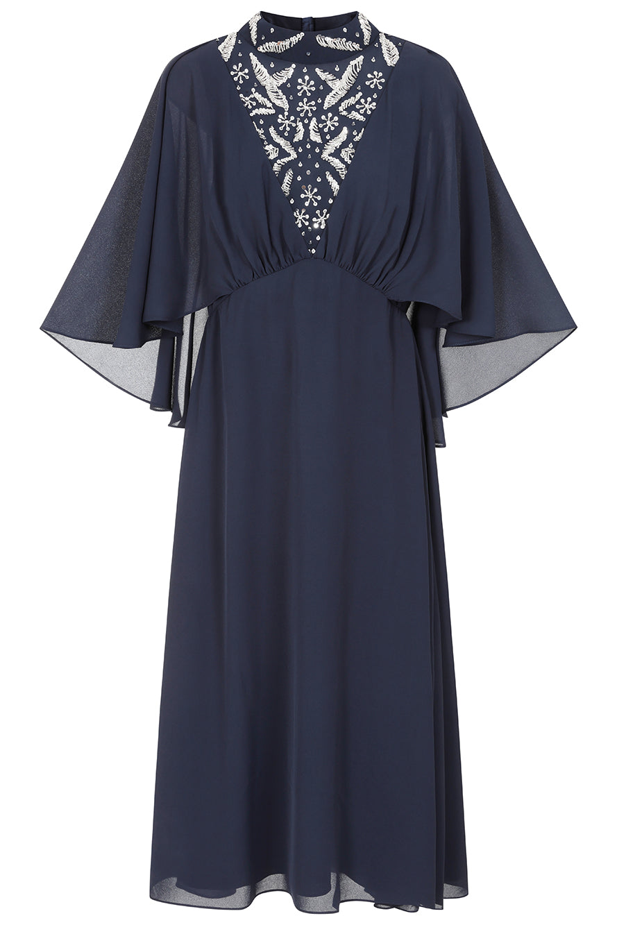Alani Navy Embellished Cape Sleeve Midi Dress – Frock and Frill