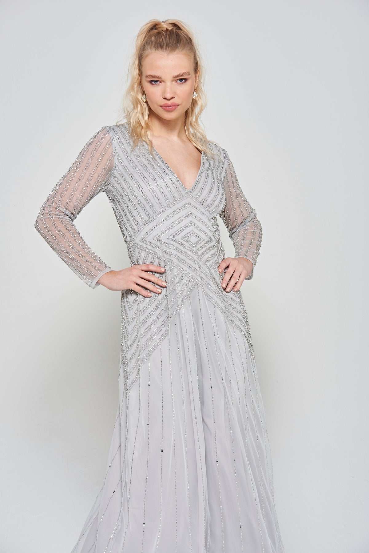 Alberta Grey Embellished Long Sleeve Maxi Dress