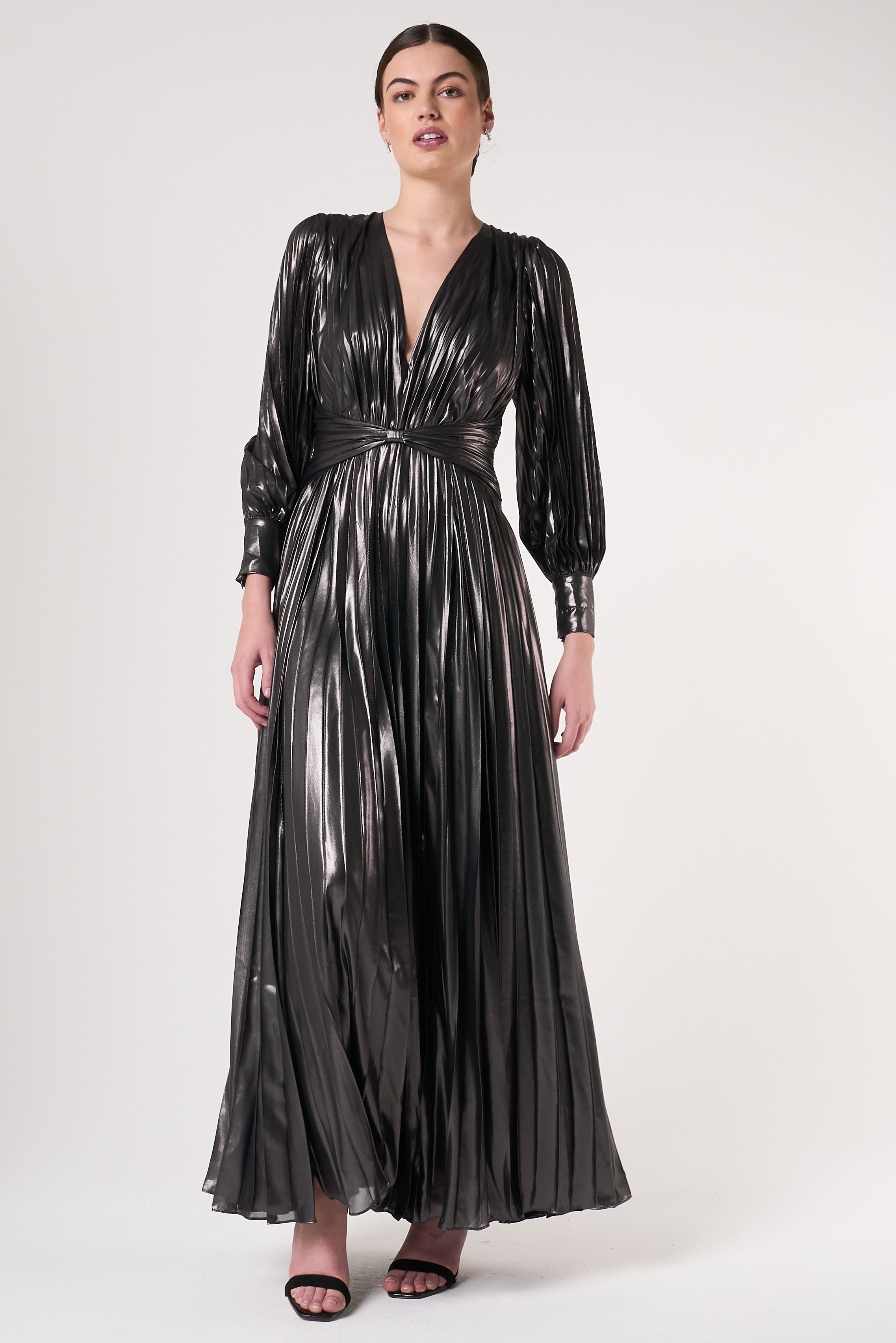 Alberta Metallic Charcoal Pleated Maxi Dress Frock and Frill Alberta Metallic Charcoal Pleated Maxi Dress Frock and Frill