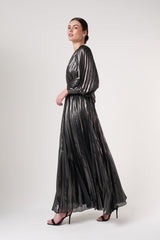 Alberta Metallic Charcoal Pleated Maxi Dress
