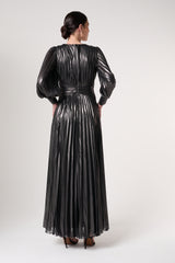 Alberta Metallic Charcoal Pleated Maxi Dress