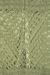 Alessia Green Crochet Lace Midi Dress by Frock and Frill, short sleeves, midi length, sage green dress for weddings and special occasions.