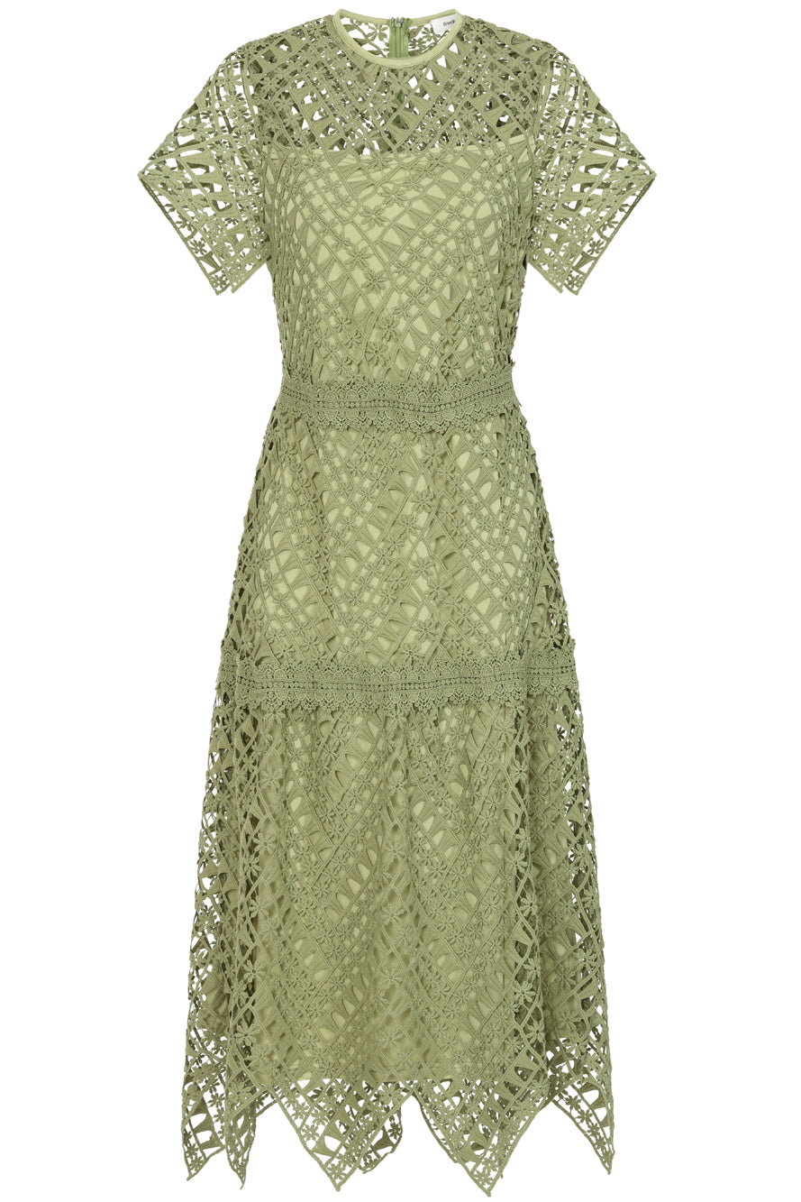Alessia Green Crochet Lace Midi Dress by Frock and Frill, short sleeves, midi length, sage green dress for weddings and special occasions.