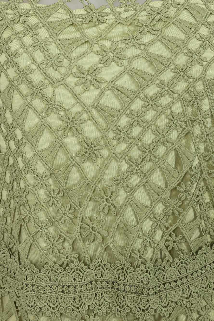 Alessia Green Crochet Lace Midi Dress by Frock and Frill, short sleeves, midi length, sage green dress for weddings and special occasions.