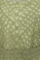 Alessia Green Crochet Lace Midi Dress by Frock and Frill, short sleeves, midi length, sage green dress for weddings and special occasions.