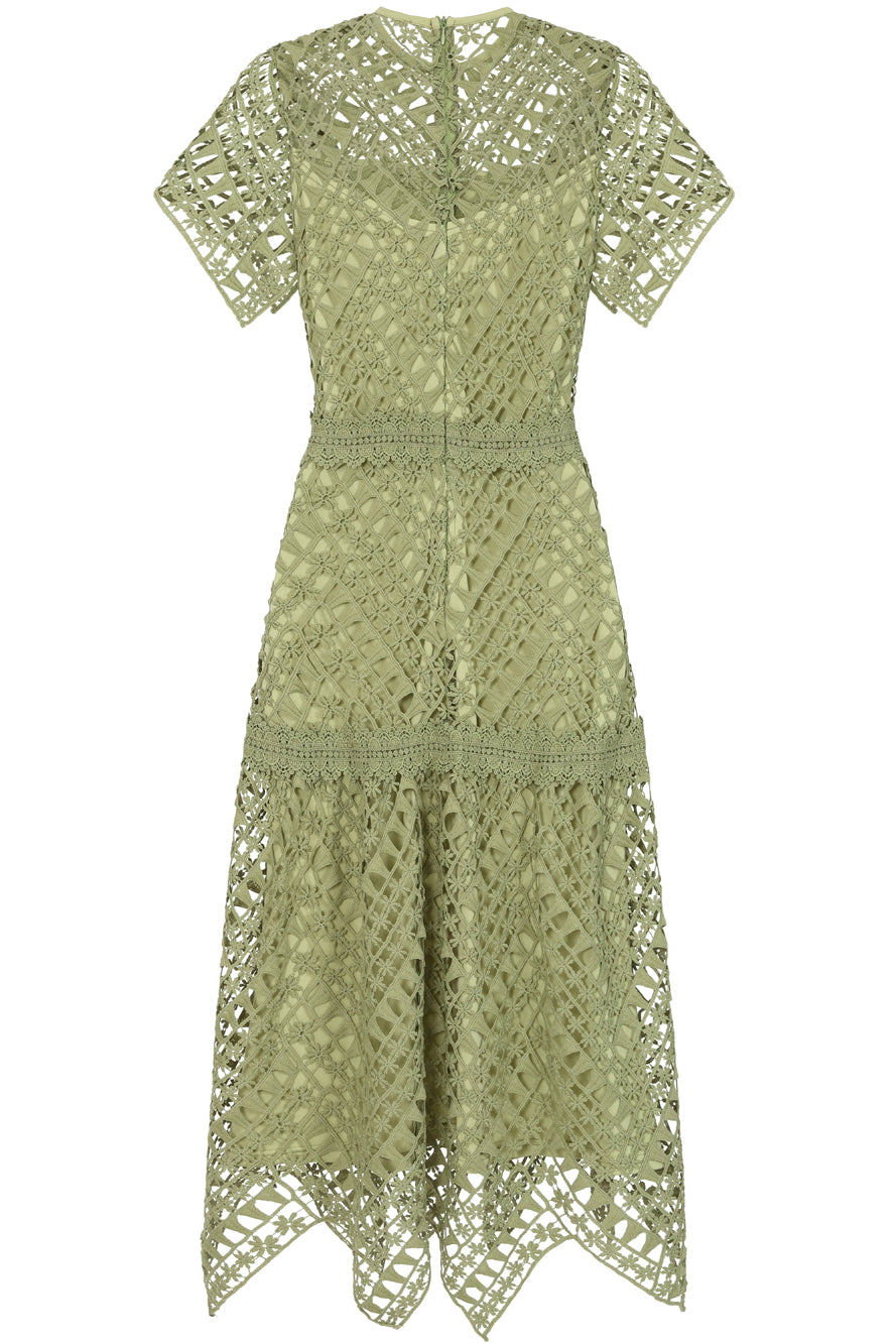 Alessia Green Crochet Lace Midi Dress by Frock and Frill, short sleeves, midi length, sage green dress for weddings and special occasions.