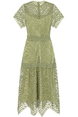 Alessia Green Crochet Lace Midi Dress by Frock and Frill, short sleeves, midi length, sage green dress for weddings and special occasions.