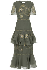 Aluma Olive Green Embroidered Midaxi Dress