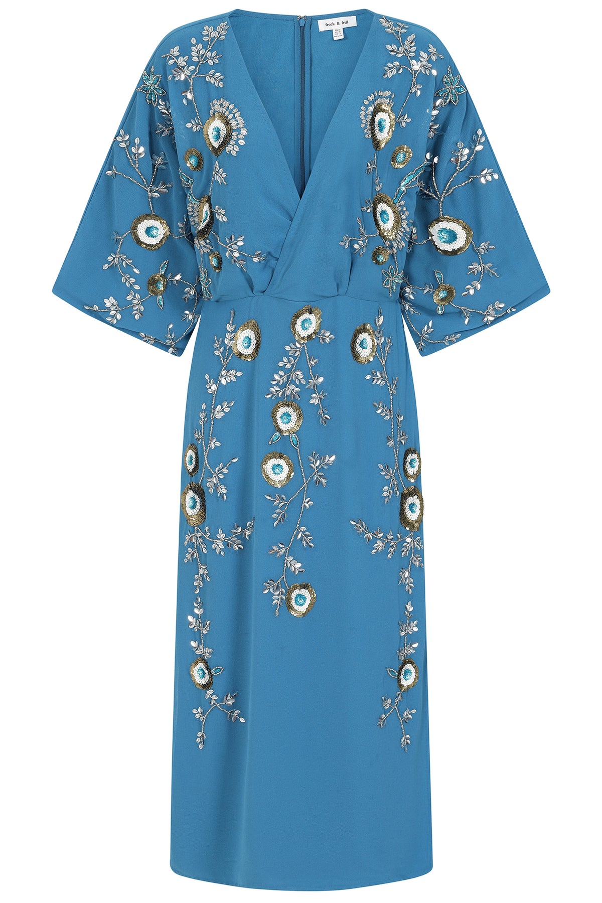 Alyssa Blue Floral Embellished Midi Dress – Frock and Frill